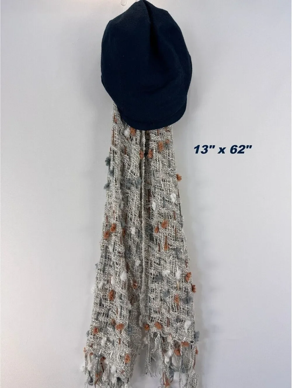 Boho Art Yarn Scarf Textured Gray Rust Fringe Artisan Eclectic Womens Statement
